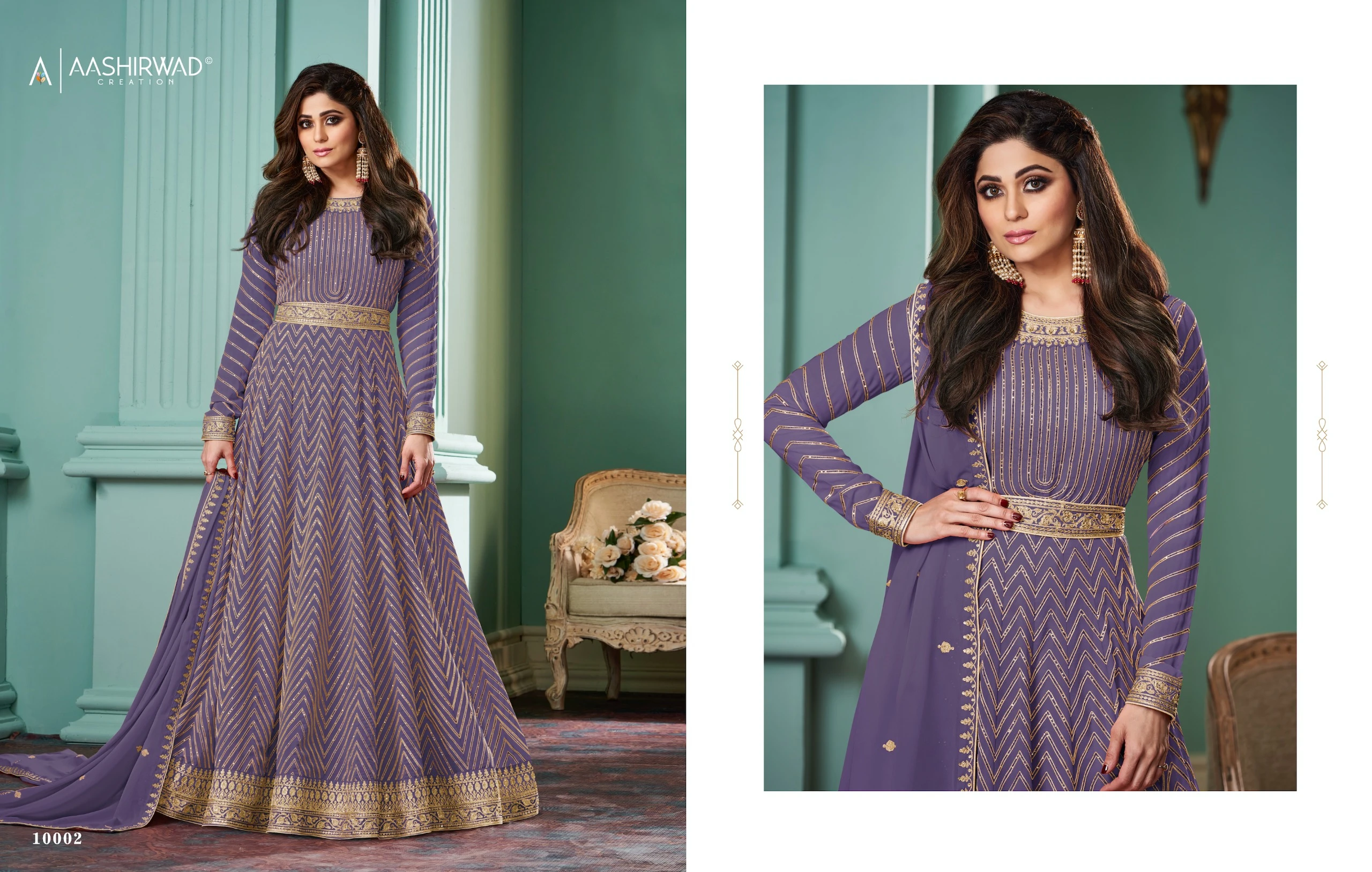 Aashirwad Alizza Pestal Real Georgette Wholesale Designer Gown with Dupatta Catalog — Wholesale Kurtis, Aashirwad Creation wholesale from Surat - Gallery Image 2